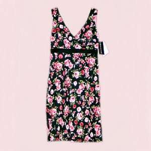 Connected Black / Pink Floral V Neck Empire Waist Sweetheart Knee 