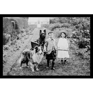  Boy and Girls with Two Dogs and a Wagon   12x18 Framed 