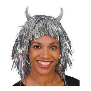  Pams Halloween Party Wigs  Silver Tinsel Wig With Horns 