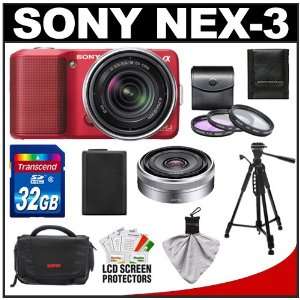  Alpha NEX 3 Digital Camera Body & 18 55mm Lens (Red) & E 16mm Lens 