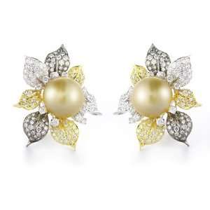 Diamond and South Sea Pearl 18k Two Tone Gold Earrings 