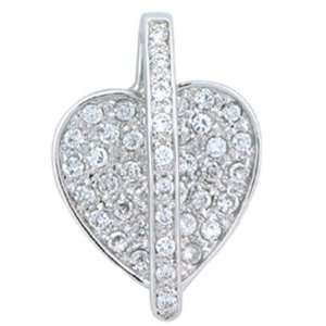   Sparkling C.Z Pave Set Heart Pendant with Diamond Bar Middle. Jewelry