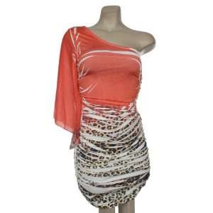  Coral & Leopard Print One Shoulder Gathered Dress (Small 