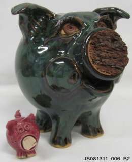 Folk Art Craft Ceramic & Cork Pig Green Piggy Bank & Pink Figurine 