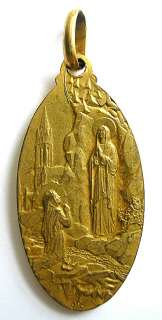RELIGIOUS MEDAL LOURDES EAMES ERA GOLD PLATED LARGE  