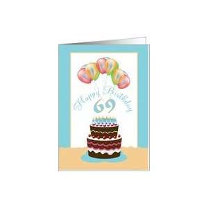  69th Happy Birthday Cake Lit Candles and Balloons Card 