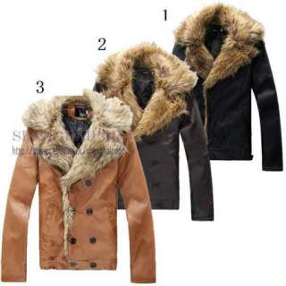 Men Double Breasted Fur Collar Jacket Faux Leather Short Coat Man 