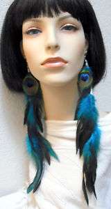 XLong Peacock Eye & Blue Rooster Schlappen Earrings  