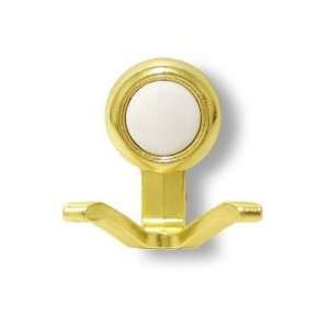  Bright Brass Double Garment Hook With White Ceramic Center 