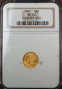 1862 $1 Type 3 Civil War Gold Dollar, NGC MS 62  
