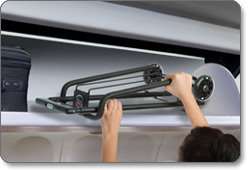 The travel cart folds compactly and fits in the overhead bins of most 