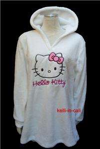 HELLO KITTY CAT FACE PLUSH Fleece Long Hoodie Lounge Dress Top w Hood 