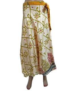 Women Hippie Boho Wrap Skirt Olive Green White Reversible Silk Sari 