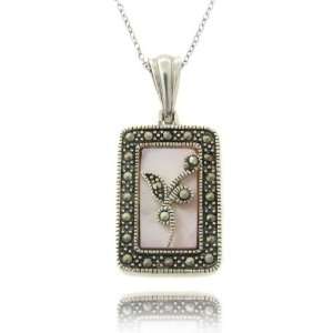    Sterling Silver Marcasite Pink Shell Rectangle Pendant Jewelry