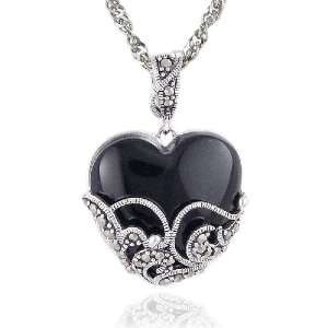    Sterling Silver Marcasite and Onyx Heart Pendant, 18 Jewelry