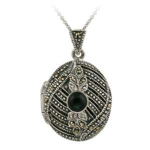  Sterling Silver Onyx and Marcasite Oval Necklace Jewelry