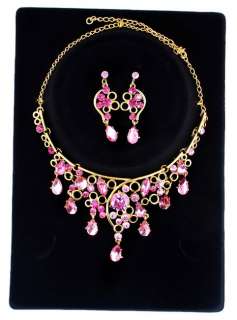 Pink Flower Rhinestone&Gold Plated Necklace&Earring set  
