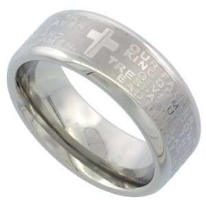 Surgical Steel Flat 8mm Wedding Band Ring Laser Etched Lords Prayer 