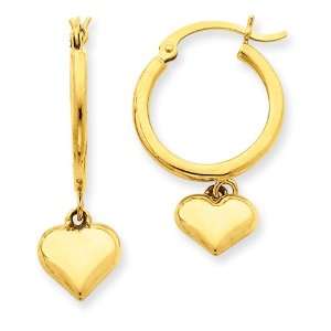  14k Puffed Heart Dangle on Hoop Earrings Jewelry