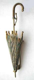 VINTAGE UMBRELLA BROOCH ENAMEL FILLIGREE GOLD LACE  