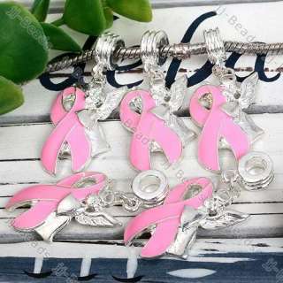 20P Pink Enamel Ribbon Angel Dangle Charm European Bead  
