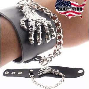 Bone Hand Gothic Punk Rave Leather Bracelet Wristband   