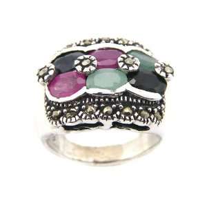  Natural Ruby Emerald Marcasite 925 Sterling Silver Ring Jewelry