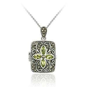   Rocks Sterling Silver Peridot and Marcasite Locket Necklace Jewelry