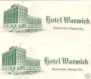 1950s Hotel Warwick, Newport News, Virginia VA Stationery Unused 