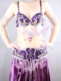 Belly Dance Costume 3Pics Bra&Belt Skirt Purple #C817  