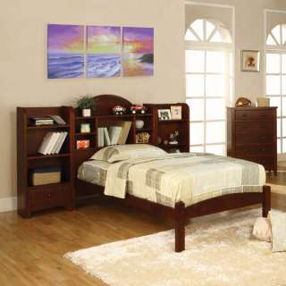 Solid Wood Cherry Finish Bed Frame Set w/ Bookcase Headboard  