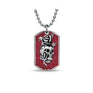  Ed Hardy Skull and Rose Dog Tag Pendant in Stainless Steel 