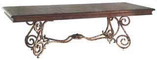 Scrolled Metal Dining Table Rustic Distressed Wood Top  