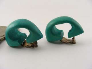 vintage 80s Teal Wooden Sculptural Gaudy Clip Earrings  