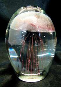 New Hand Blown Glass Glow in the Dark Small Pink Jellyfish Paperweight 