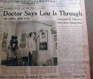 1939 newspaper headline LOU GEHRIG QUITS BASEBALL   is ill from ALS 