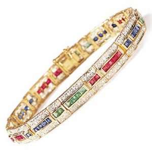  8 14k Gold Diamond Link, Ruby, Sapphire And Emerald 