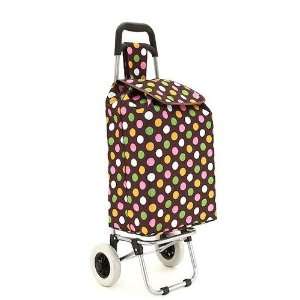 Folding Shopping Market Cart Bag on Wheels Brown w/ Multi Color Polka 