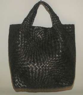 FALORNI HANDBAG BLACK WOVEN GOAT LEATHER N/S BUCKET TOTE CRAFTED ITALY 