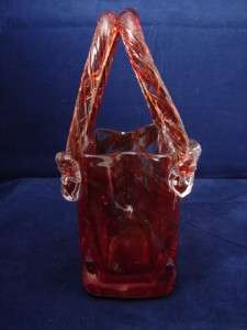 Perfect little handmade purse vase in candy cane red, clear glass and 