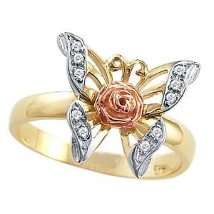  CZ Butterfly Rose Ring 14k Yellow Gold Band Cubic Zirconia 
