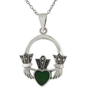   Created Marcasite Claddagh with Green Agate Heart Necklace Jewelry