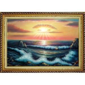  Ocean Sunset Sea Waves Oil Painting, with Linen Liner Gold 