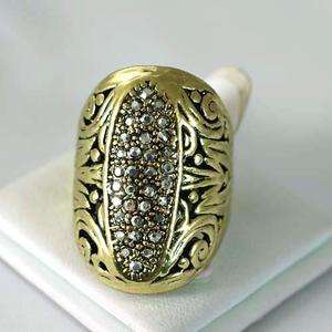 r7837 Size 6.5 Mens Carved Tone Bronze Copper Diamante CZ Ring 