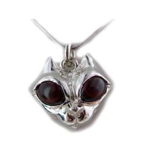 Rare Unusual Solid 925 Sterling Silver Cat Pendant with Garnet Eyes 