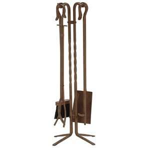  5 Piece Rust Wrought Iron Fireset With Twist On Stand 