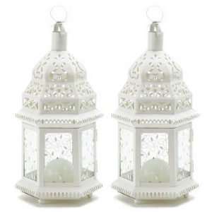  2 Ivory Metal w/ Glass Moroccan Lanterns Candle Holders 