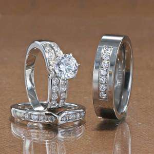 His Hers 3 pcs Mens Womens Sterling Silver/Titanium Wedding Ring Set 