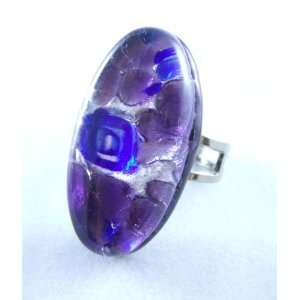  Purple Silver Oval Venetian Murano Glass Adjustable Ring Jewelry