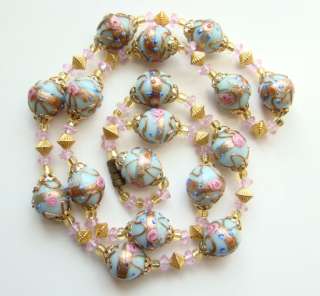 C1920 Venetian Lampwork Wedding Cake Glass Bead Necklace Blue Pink 